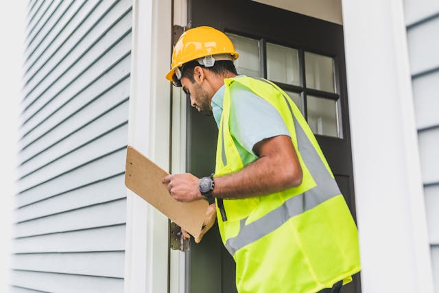 a property inspector in a yellow vest and hard hat looking at the home's doorway